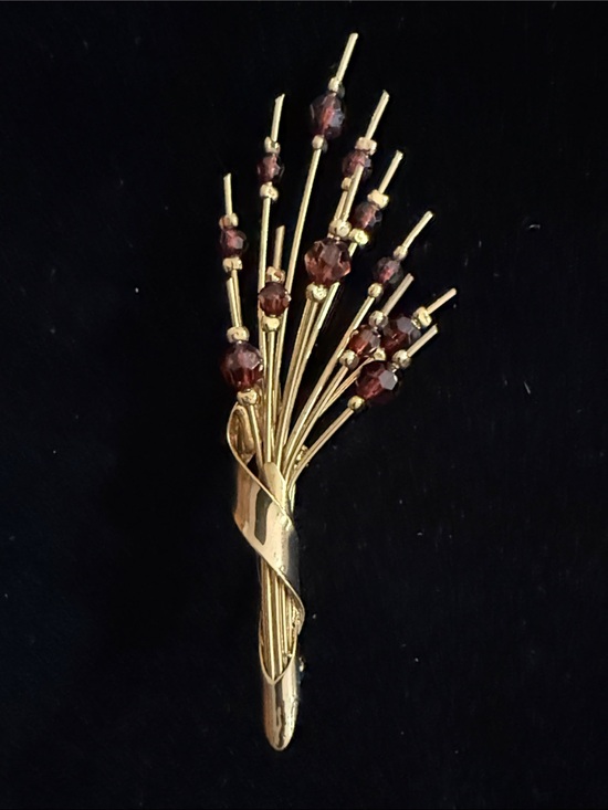 Vintage Jewelry - Vintage MCM Flower Bouquet 60s Statement Large Red Beaded Gold Tone Brooch